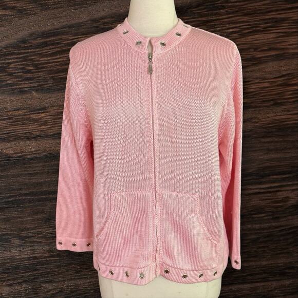 Fia Italia Hand Loomed Sweater Cardigan Sz L Full Zip Pink Grommets and Pockets - Picture 2 of 8